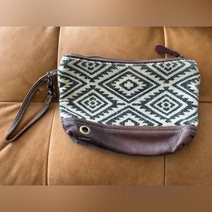 Myra Bag Black and White Geometric Clutch with Brown Accents